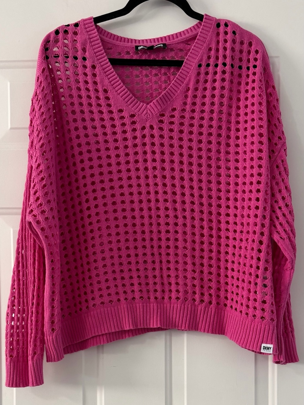 DKNY Hot Pink Open-Knit V-Neck Sweater